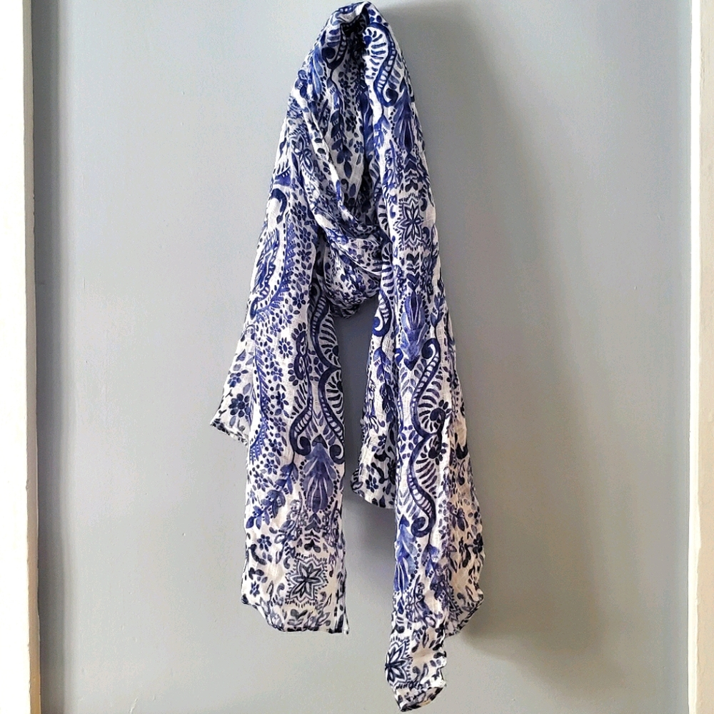 Blue and White Lightweight Ornate Scarf